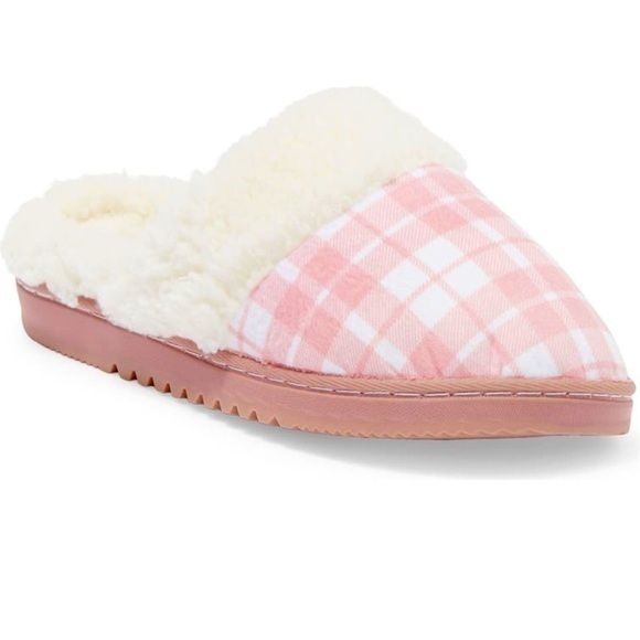 🆕BORN Pink White Gingham Plaid Faux Shearling Fur Scuff Slipper NWT - Picture 1 of 10